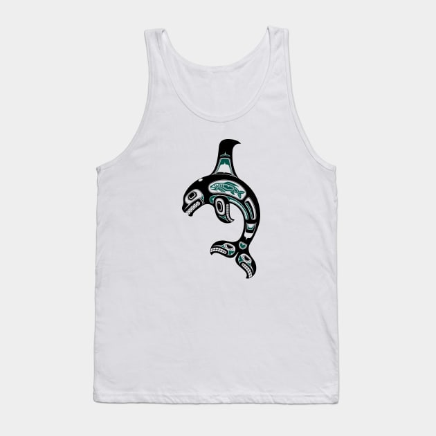 Teal Blue and Black Haida Spirit Killer Whale Tank Top by jeffbartels